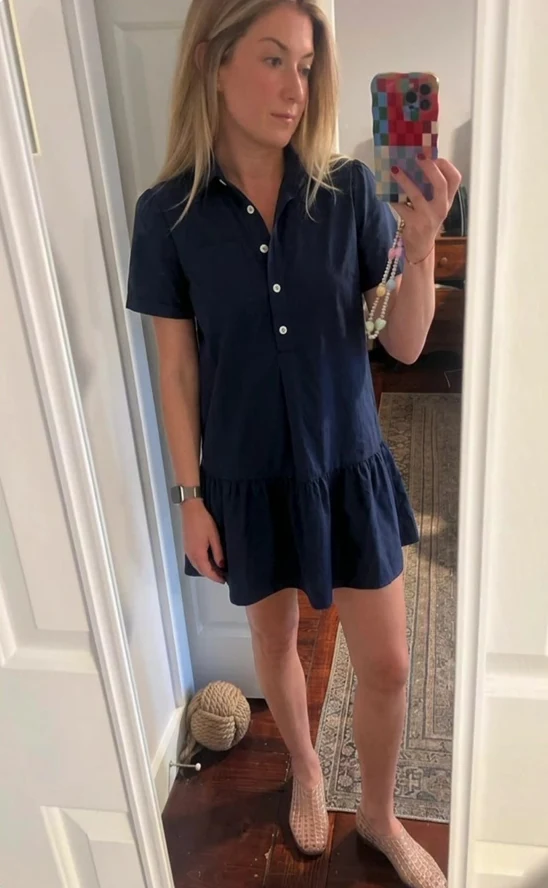 Original homepage virtual try-on result showing the navy shirt dress