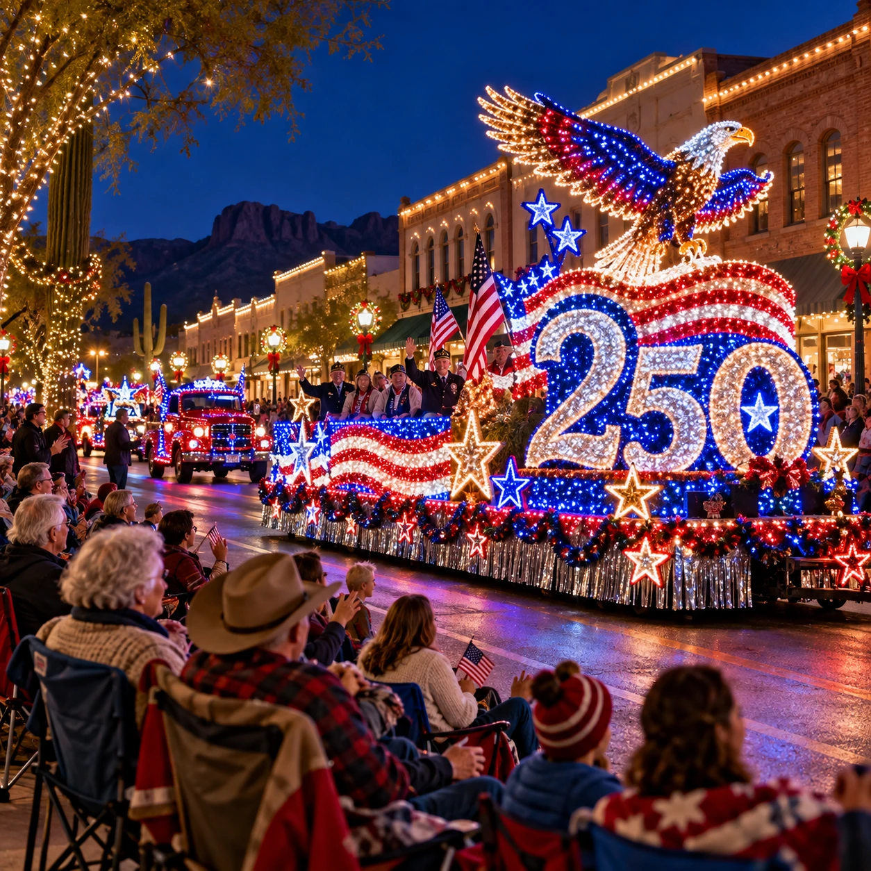 Illuminated holiday parade float in Historic Downtown Yuma