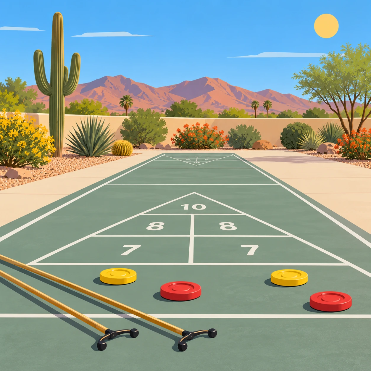 Outdoor shuffleboard court with cues and red and yellow discs, desert mountains behind