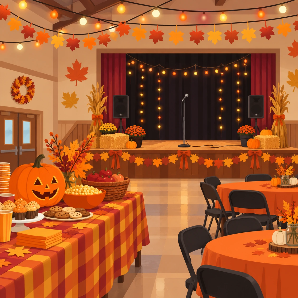 Clubhouse hall decorated for fall with pumpkins, string lights and orange tablecloths