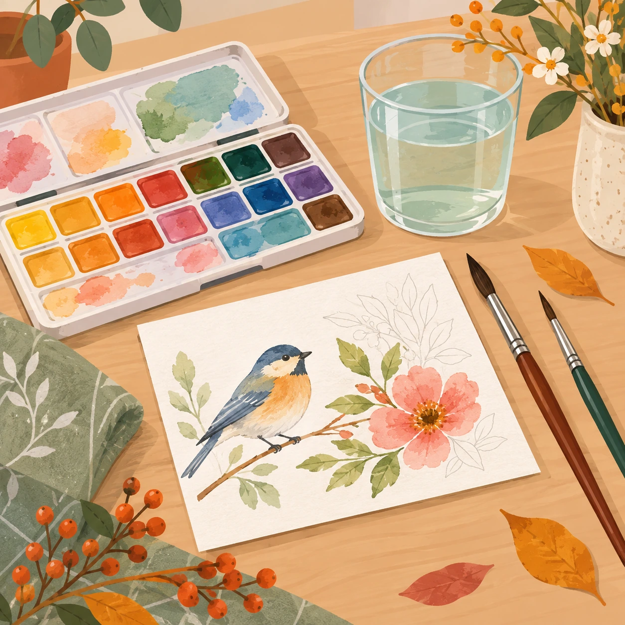 Watercolor palette and brushes beside a painting of a bird on a flowering branch