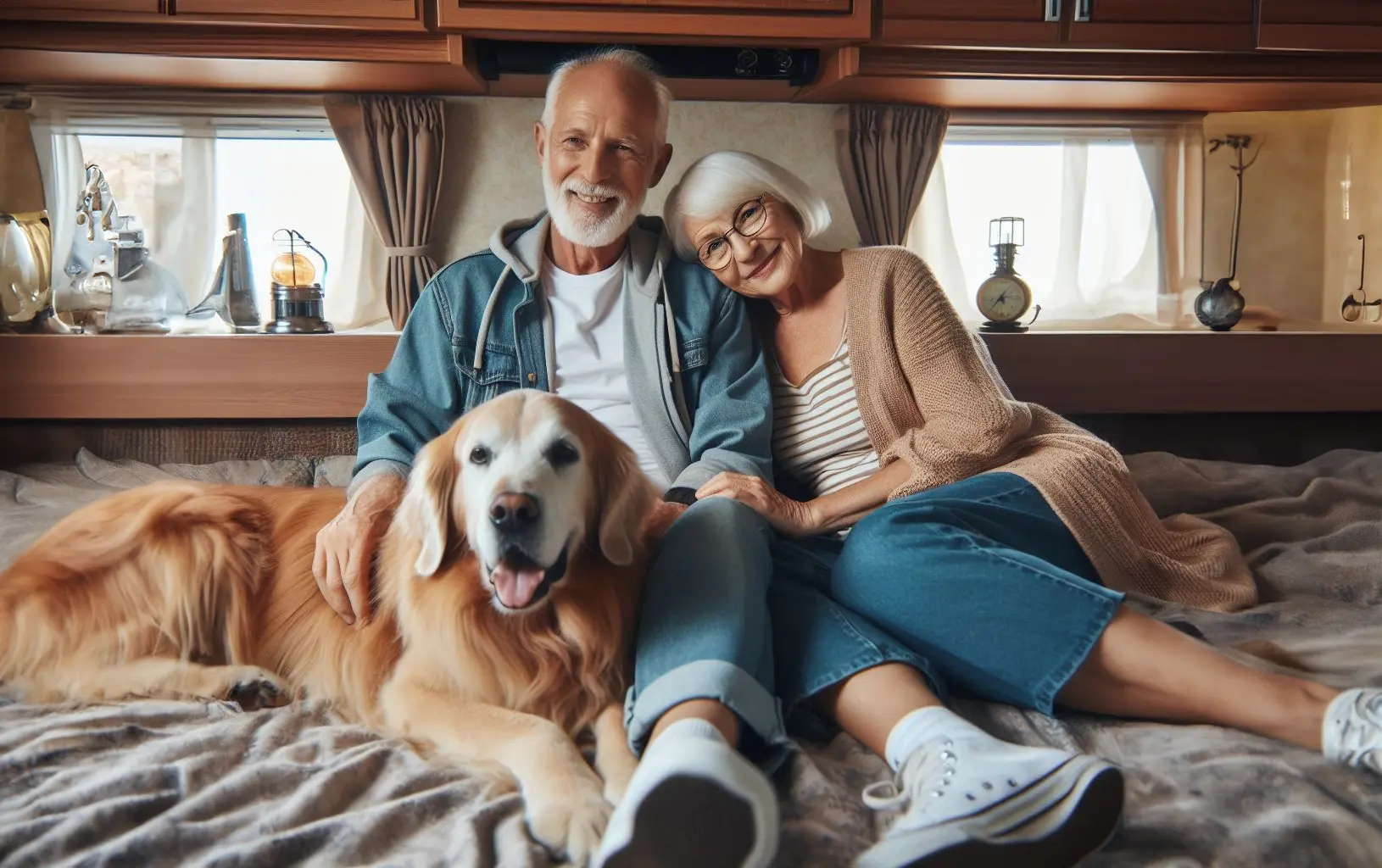 Senior couple relaxing on the bed inside their RV with their golden retriever