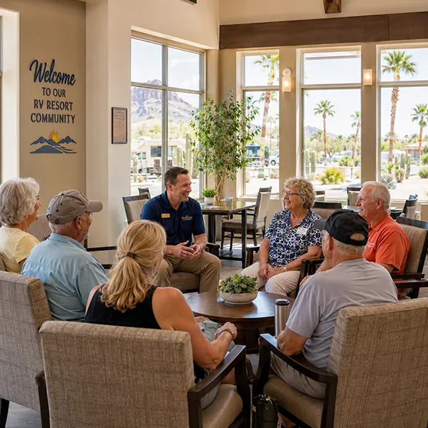 Residents seated together in the clubhouse for a meeting