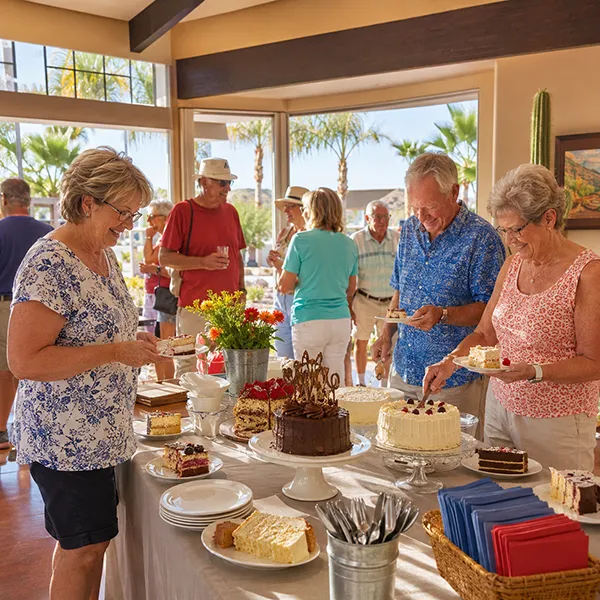Residents serving themselves cake from a dessert table in the clubhouse