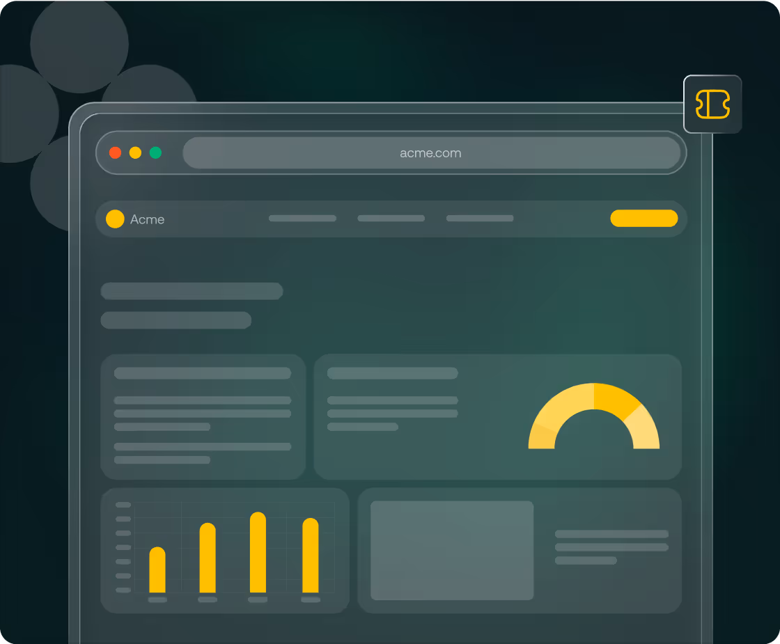 Dark-themed dashboard interface with charts and graphs, including a bar chart and a semicircular gauge, labeled Acme and a URL bar showing acme.com.