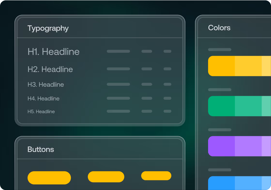 Design system UI showing typography styles with H1 to H5 headlines and a buttons section with rounded yellow buttons.