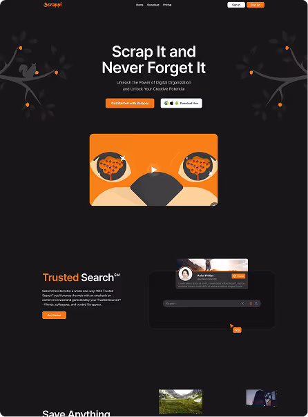 Website homepage with dark theme featuring heading 'Scrap It and Never Forget It', buttons to start with Scrappi and download, and a video placeholder with bear eyes illustration.
