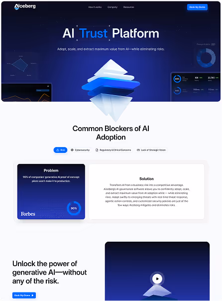 Iceberg AI Trust Platform webpage showing AI adoption blockers, problem and solution sections, with blue-themed layered pyramid graphic and navigation menu.