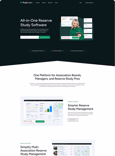 PropFusion website homepage showing All-in-One Reserve Study Software with call-to-action buttons and features for association boards, managers, and reserve study professionals.