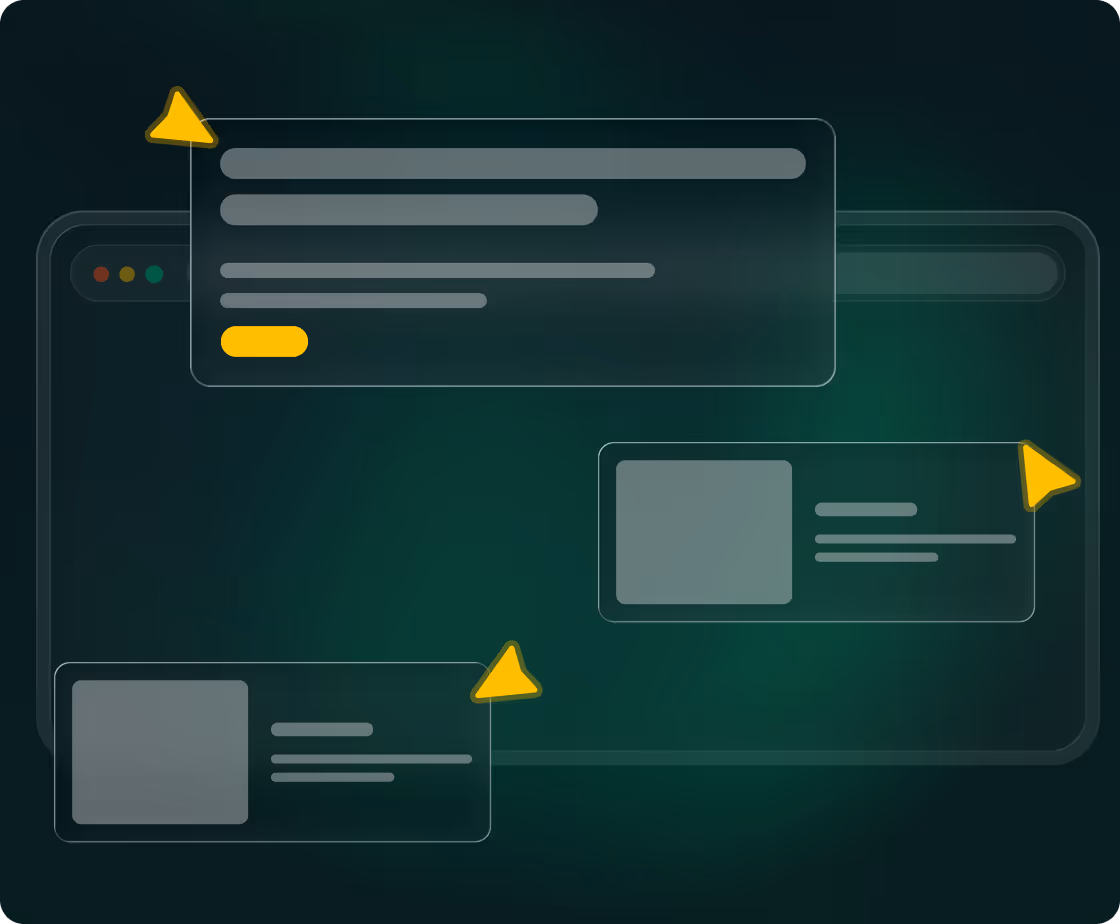 Dark-themed interface with three translucent dialog boxes connected by yellow triangular pointers.
