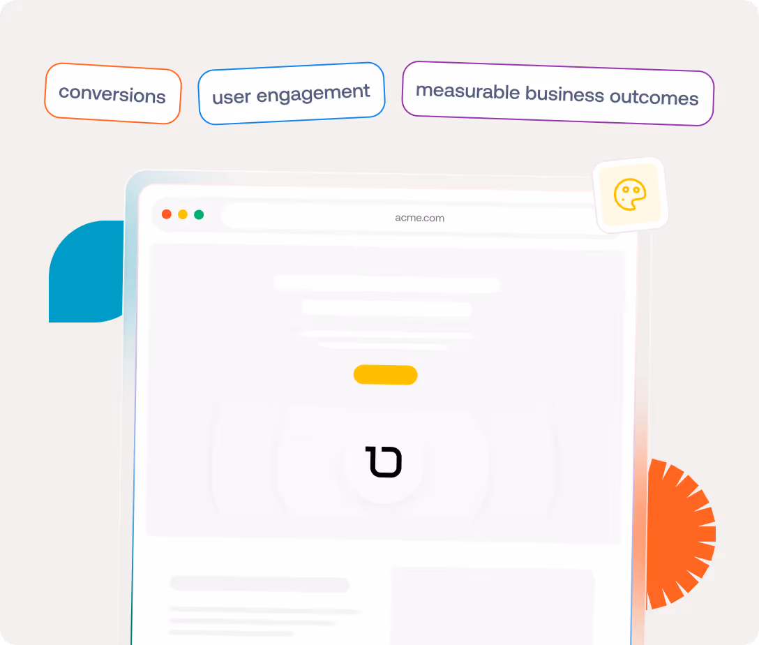 Illustrated browser window with a logo and tags above reading conversions, user engagement, and measurable business outcomes.