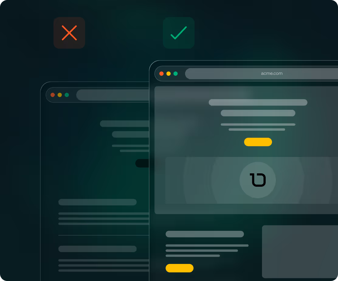 Comparison of two browser windows, left with a red X and right with a green checkmark, showing a clearer website layout on the right with yellow buttons and acme.com URL.