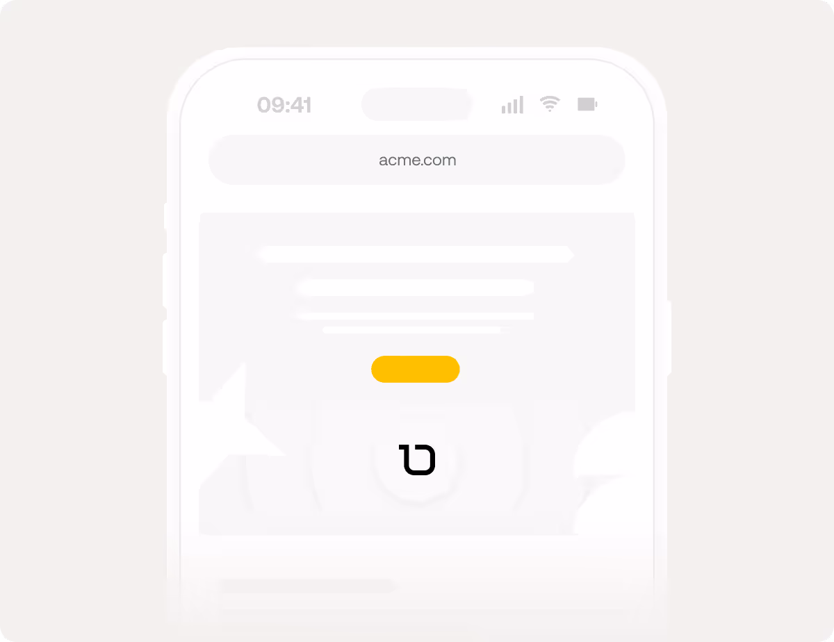 Illustration of a white smartphone screen displaying a blurred website with a yellow button and a black stylized letter 'b' below it.