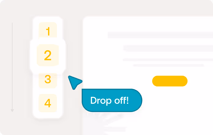 Interface with a vertical numbered list from 1 to 4, number 2 highlighted, and a teal pointer icon with a label reading 'Drop off!'