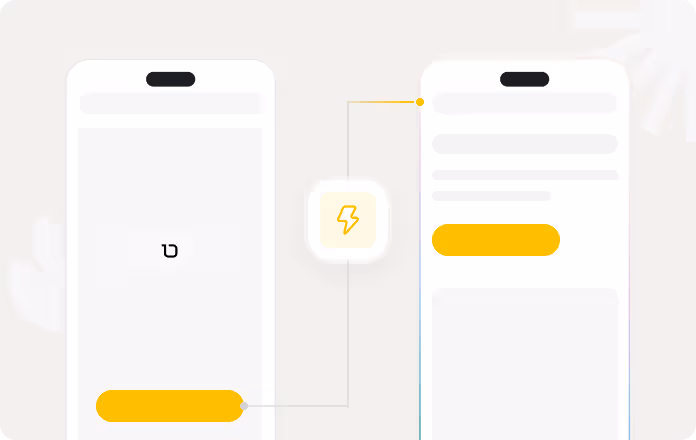 Two smartphone screens connected by a central lightning bolt icon, one screen with a yellow button and the other with text and a yellow button.