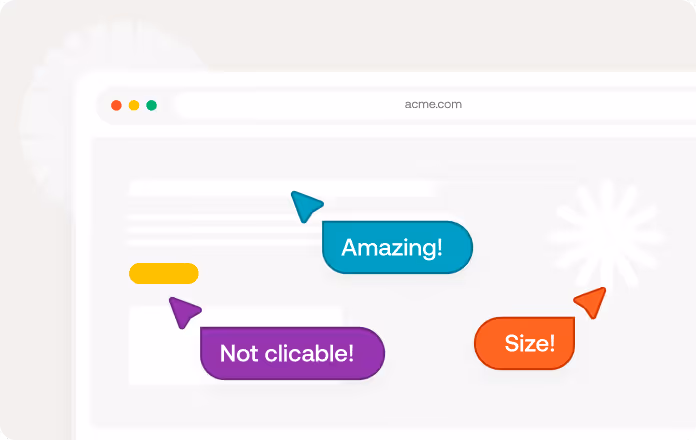 Browser window with three colored cursors pointing to speech bubbles labeled Amazing!, Not clicable!, and Size!.