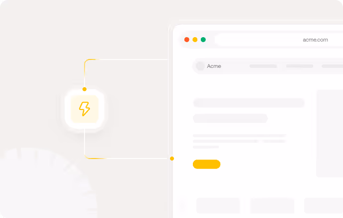 Illustration showing a simplified web browser window with acme.com and a yellow lightning bolt icon connected by lines, suggesting fast or powered web interaction.
