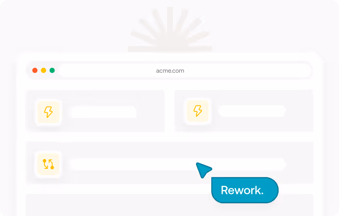 Browser window displaying acme.com with stylized icons and a blue pointer hovering over a text bubble labeled 'Rework.'