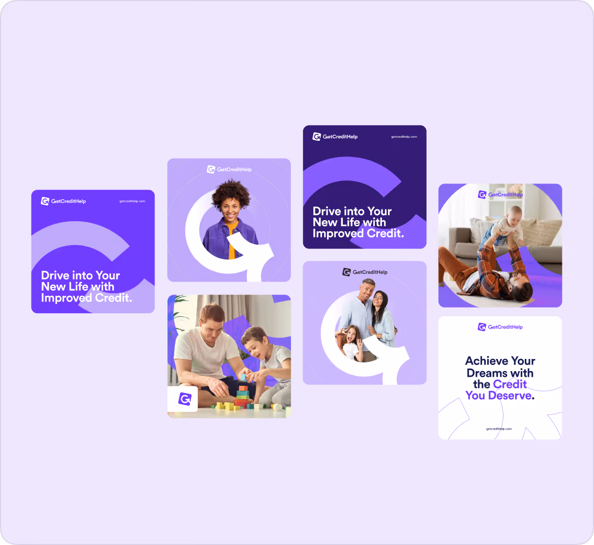 Collage of images and text ads for GetCreditHelp promoting improved credit and achieving credit dreams.