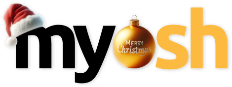 Logo with the word 'Myosh' where the letter 'M' is wearing a Santa hat and the letter 'o' is replaced by a gold Christmas ornament with 'Merry Christmas' written on it