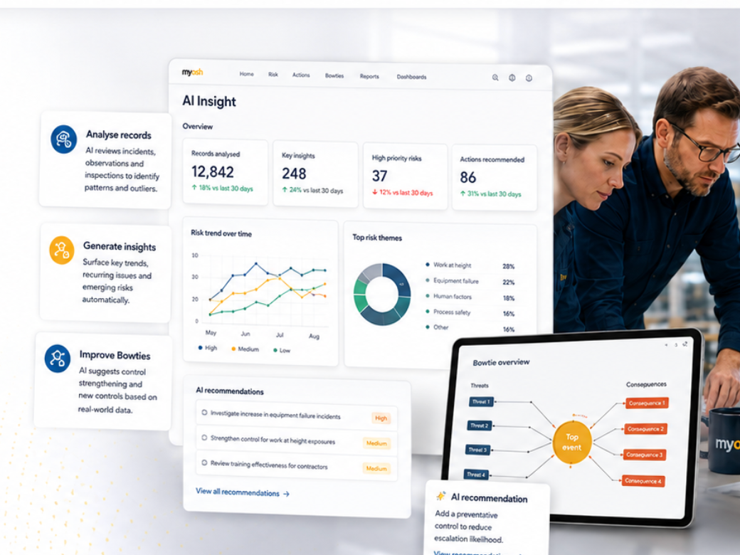 myosh AI Insight dashboard, Bowtie overview, and AI recommendations