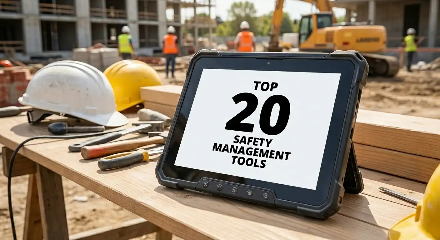 A tablet on a reflective office table displaying 'Top 20 Safety Management Tools' with a modern office setting in the background.