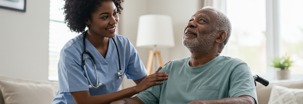 Female nurse comforting male patient