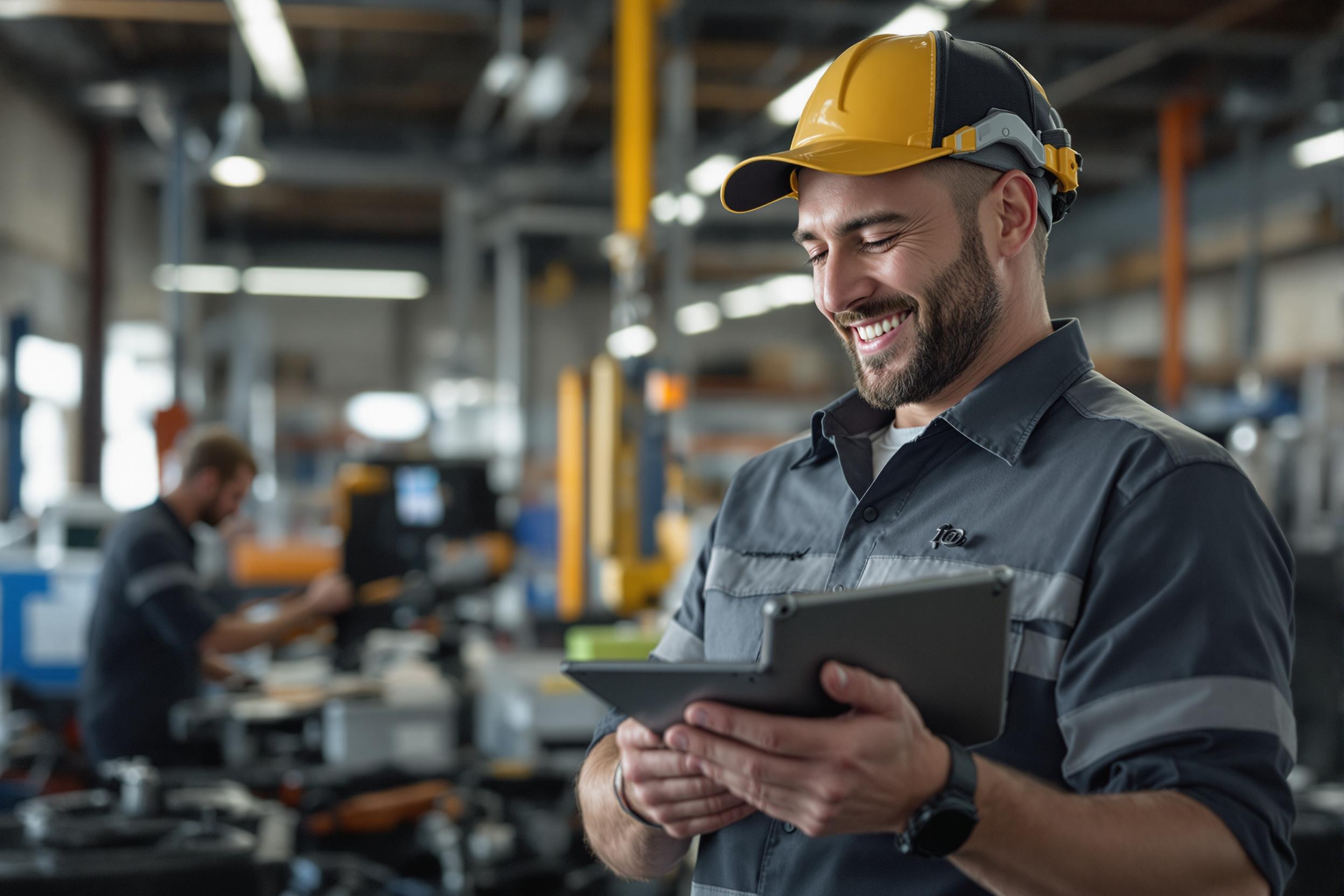 Servicetechniker nutzt Job-Bot auf Tablet in Werkshalle, um Recruiting zu beschleunigen