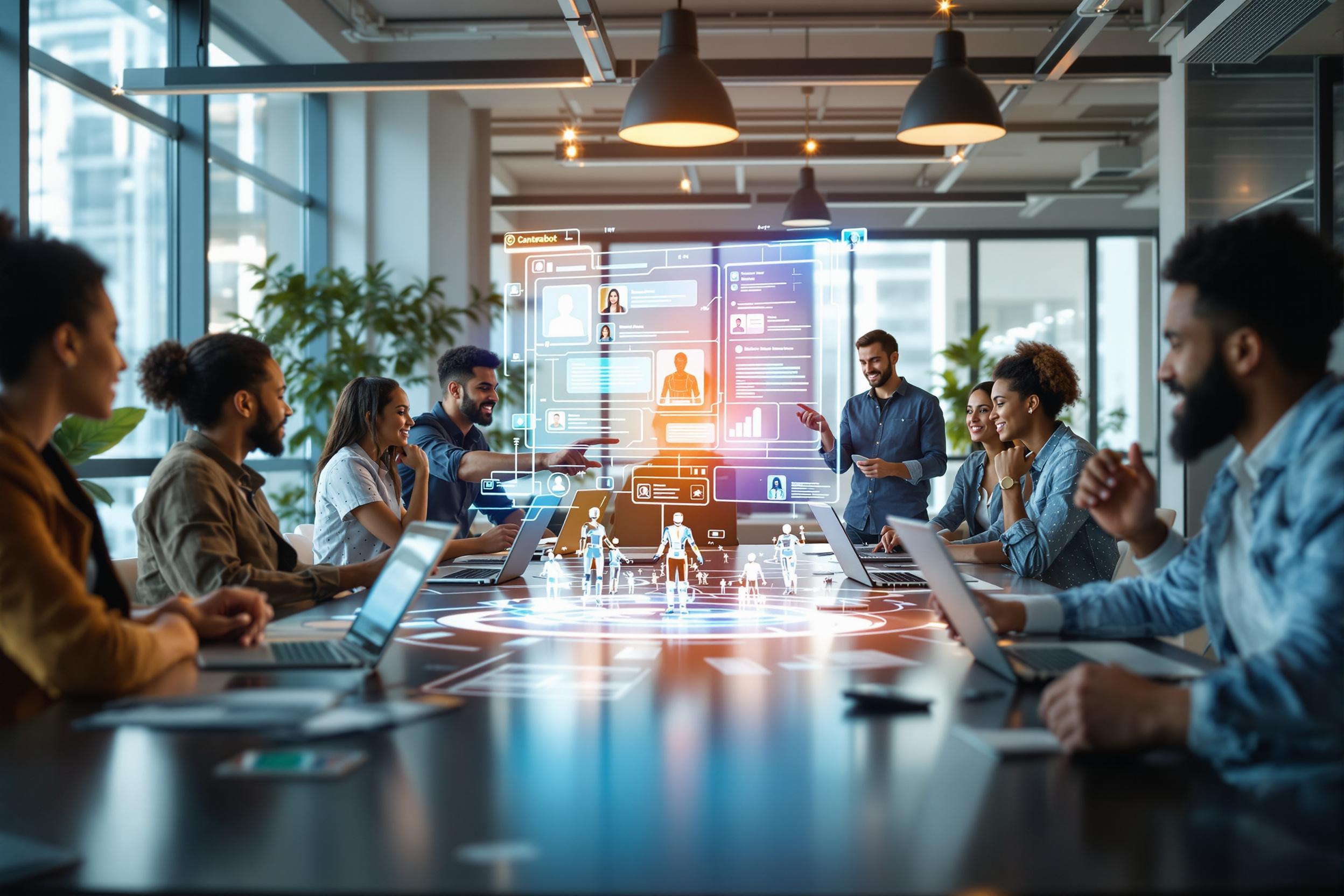 Social Recruiting mit Job-Bots: Ein modernes Büro mit Mitarbeitern, die um einen Tisch sitzen und eine holographische Darstellung eines Recruiting-Chatbots betrachten.