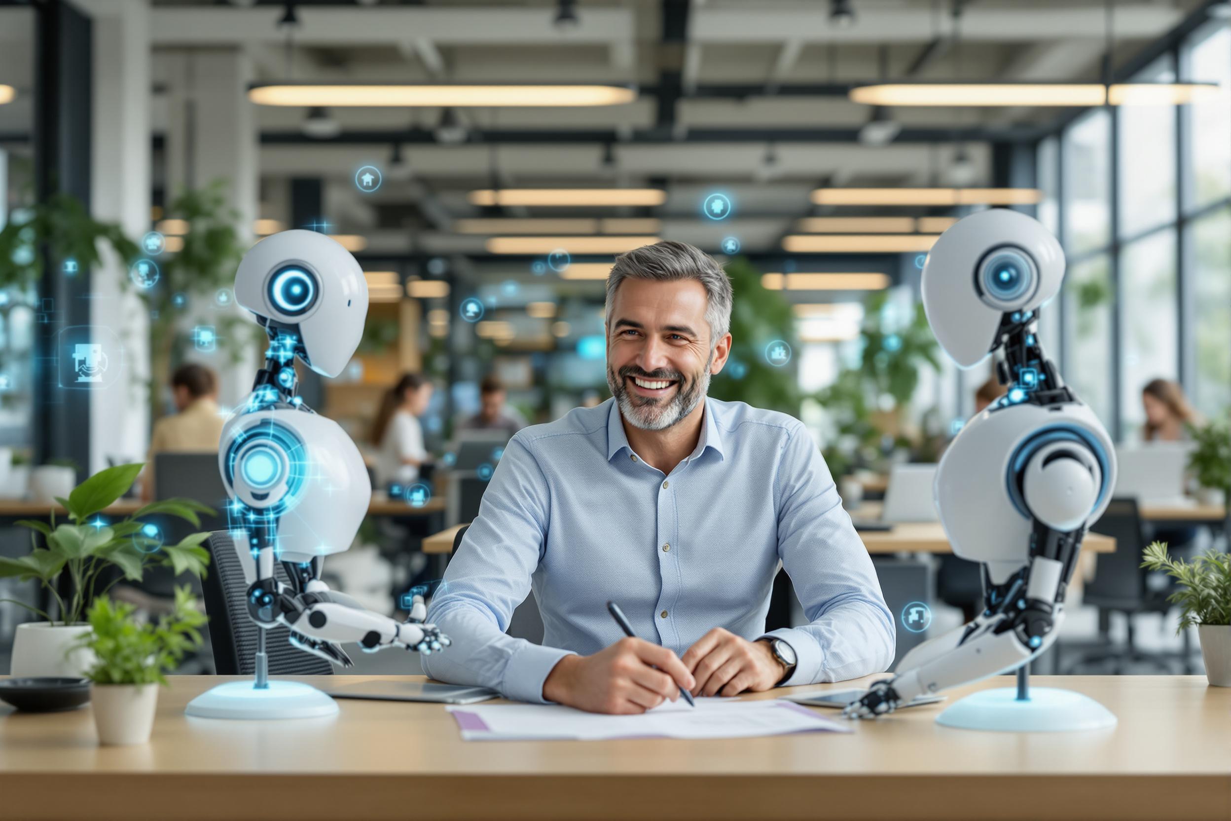 Personaler arbeitet entspannt mit Job-Bots im modernen Büro.
