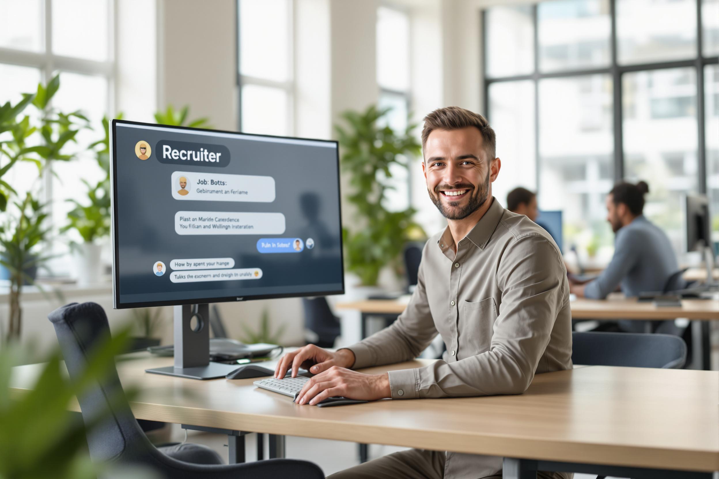 Recruiter nutzt Job-Bot für effiziente Fachkräftegewinnung in modernem Büro.