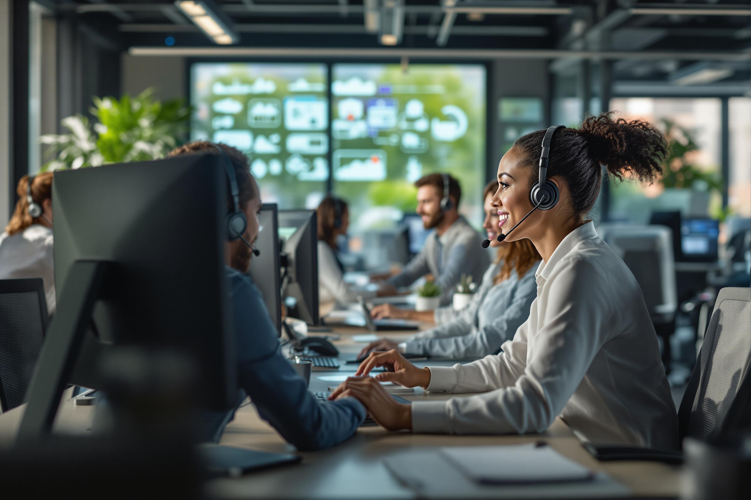 Automatisierte Prozesse steigern die Besetzungsquote im Kundenservice um 76 % – ein Team arbeitet effizient in einem modernen Büro.