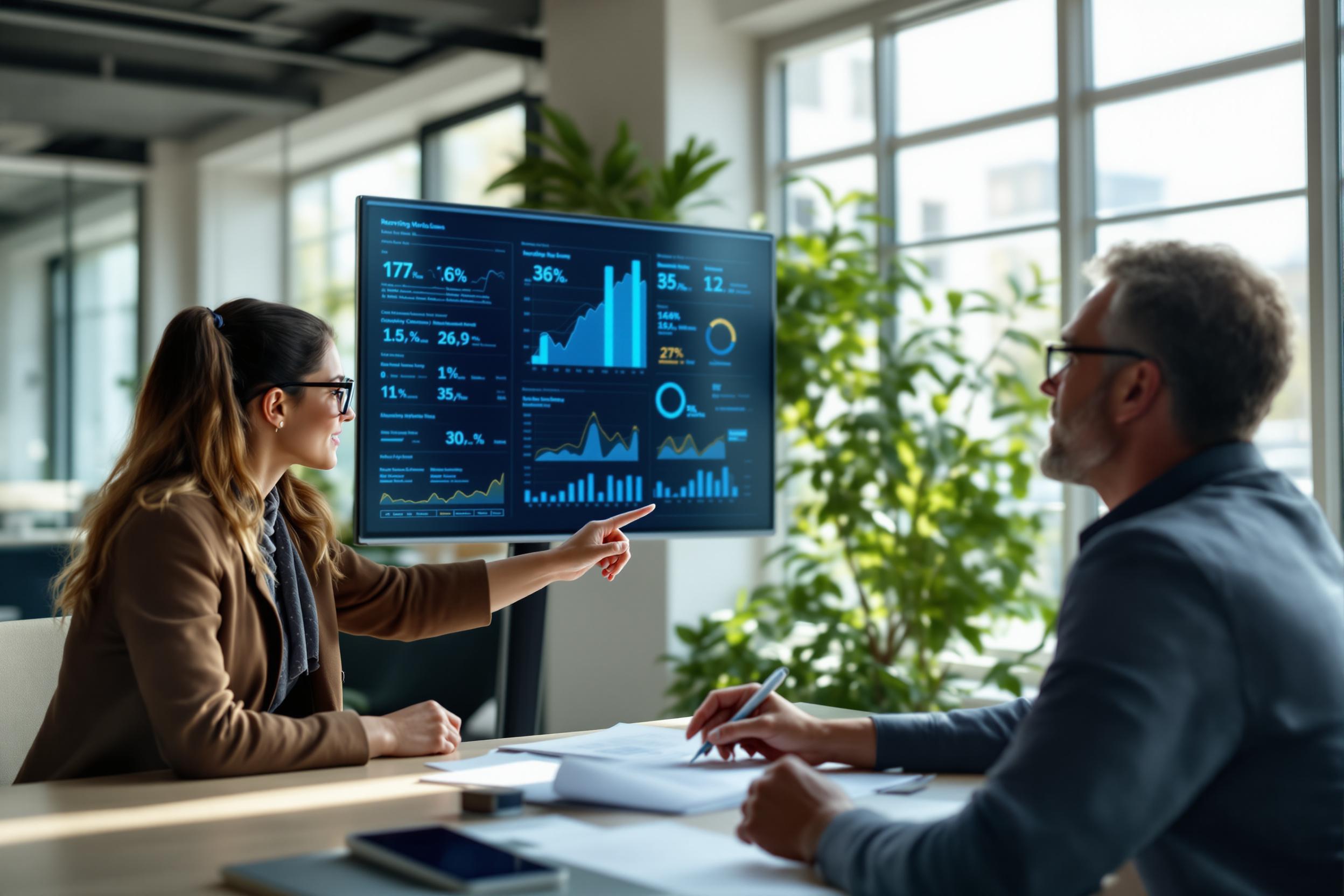 HR-Team analysiert Recruiting-Daten auf einem Touchscreen, um Personalmangel mit datengestützten Entscheidungen zu begegnen.