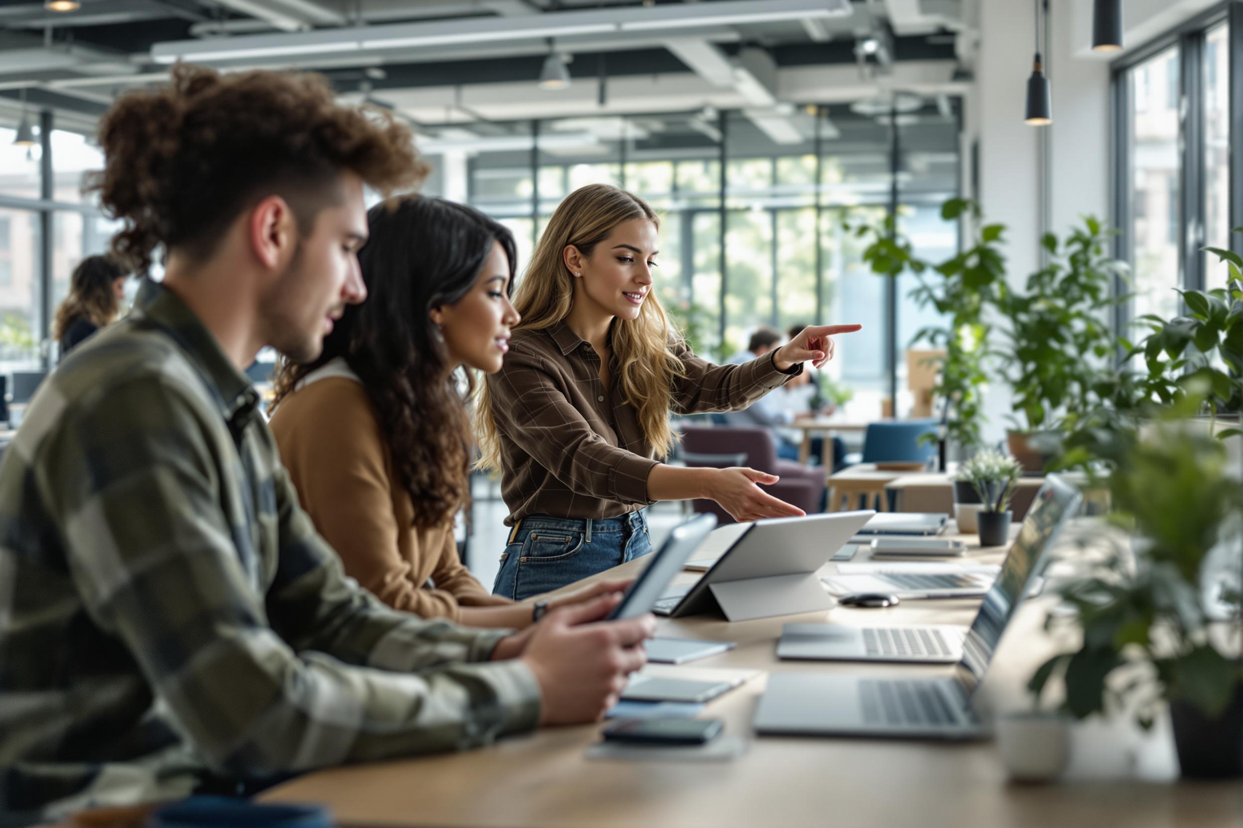 Junge Auszubildende arbeiten gemeinsam in einem modernen Büro und nutzen Tablets und Laptops.