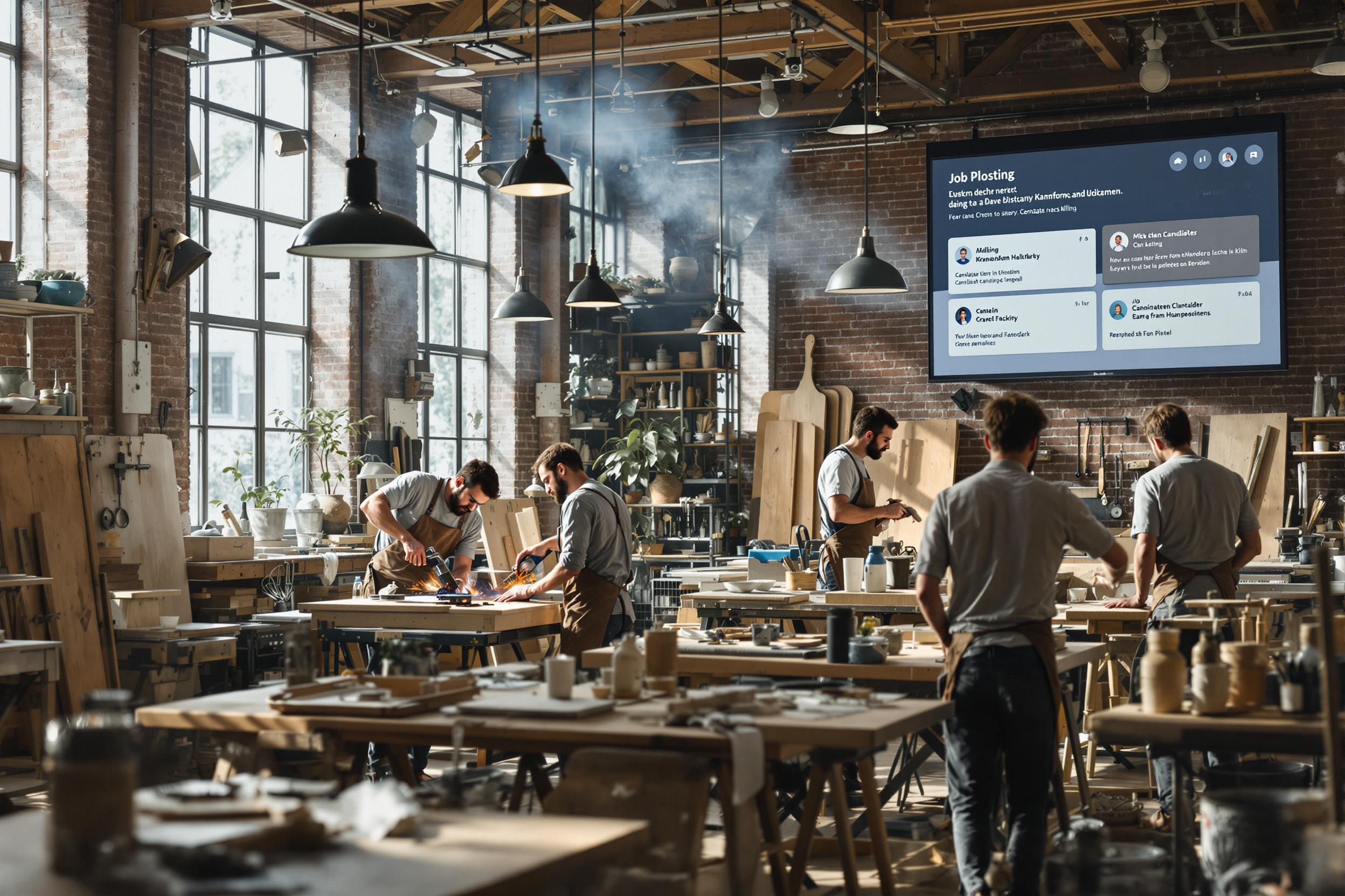 Handwerker arbeiten fleißig in einer Werkstatt, im Hintergrund ein Bildschirm mit Jobangeboten.