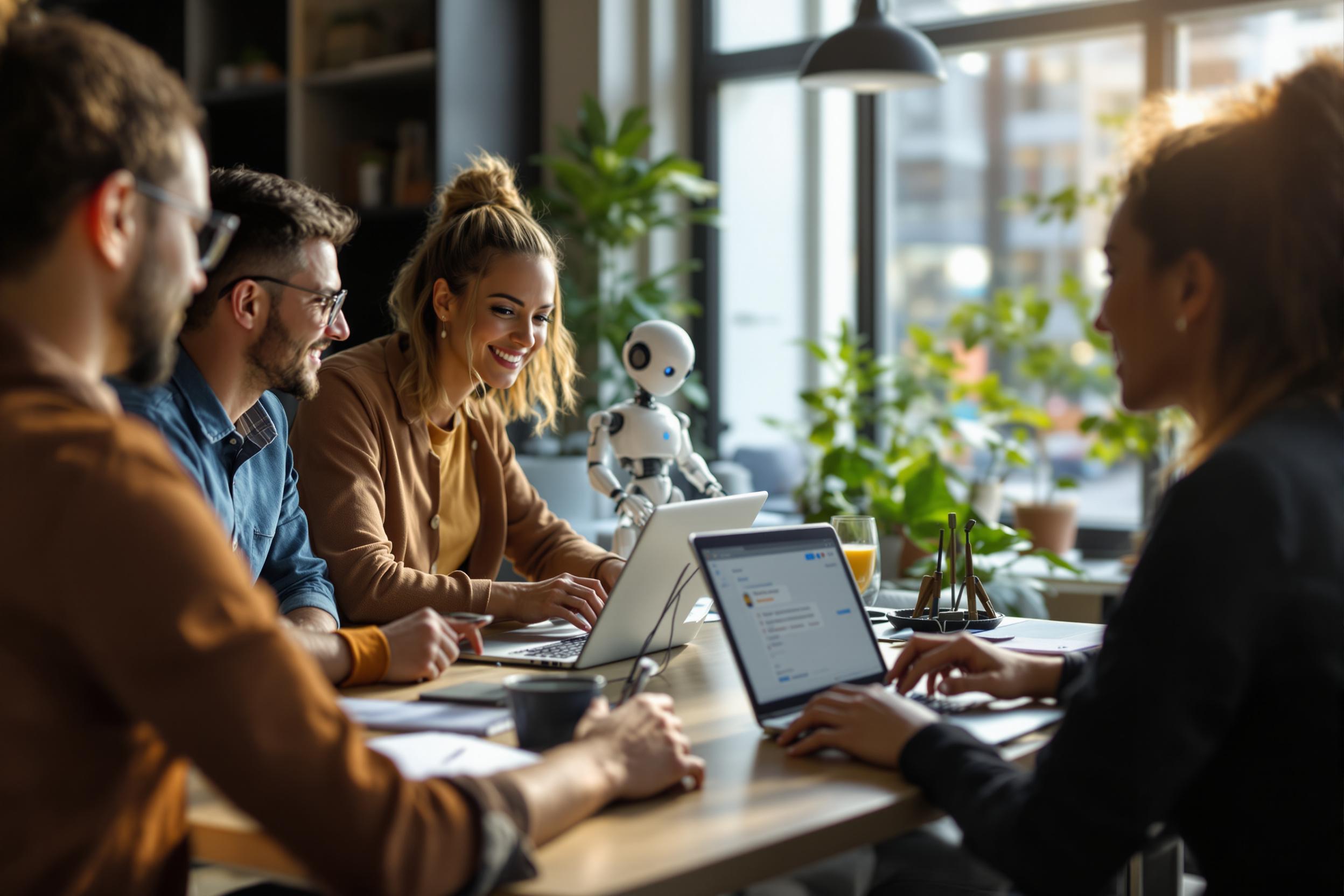 Mitarbeiter nutzen Job-Bot für effizientes Recruiting im Büro.