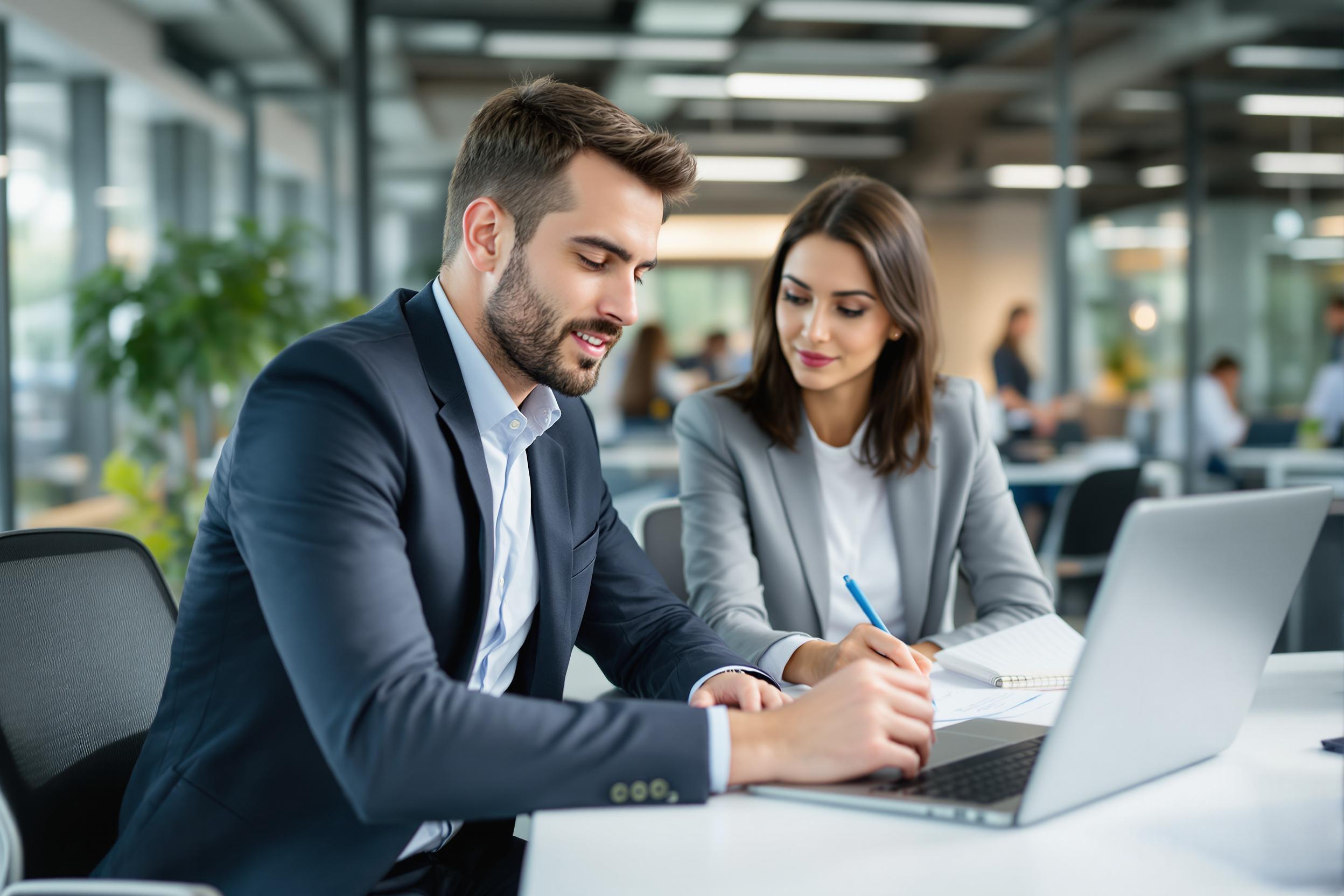 Recruiter und HR-Manager arbeiten partnerschaftlich an einem Laptop im Büro.