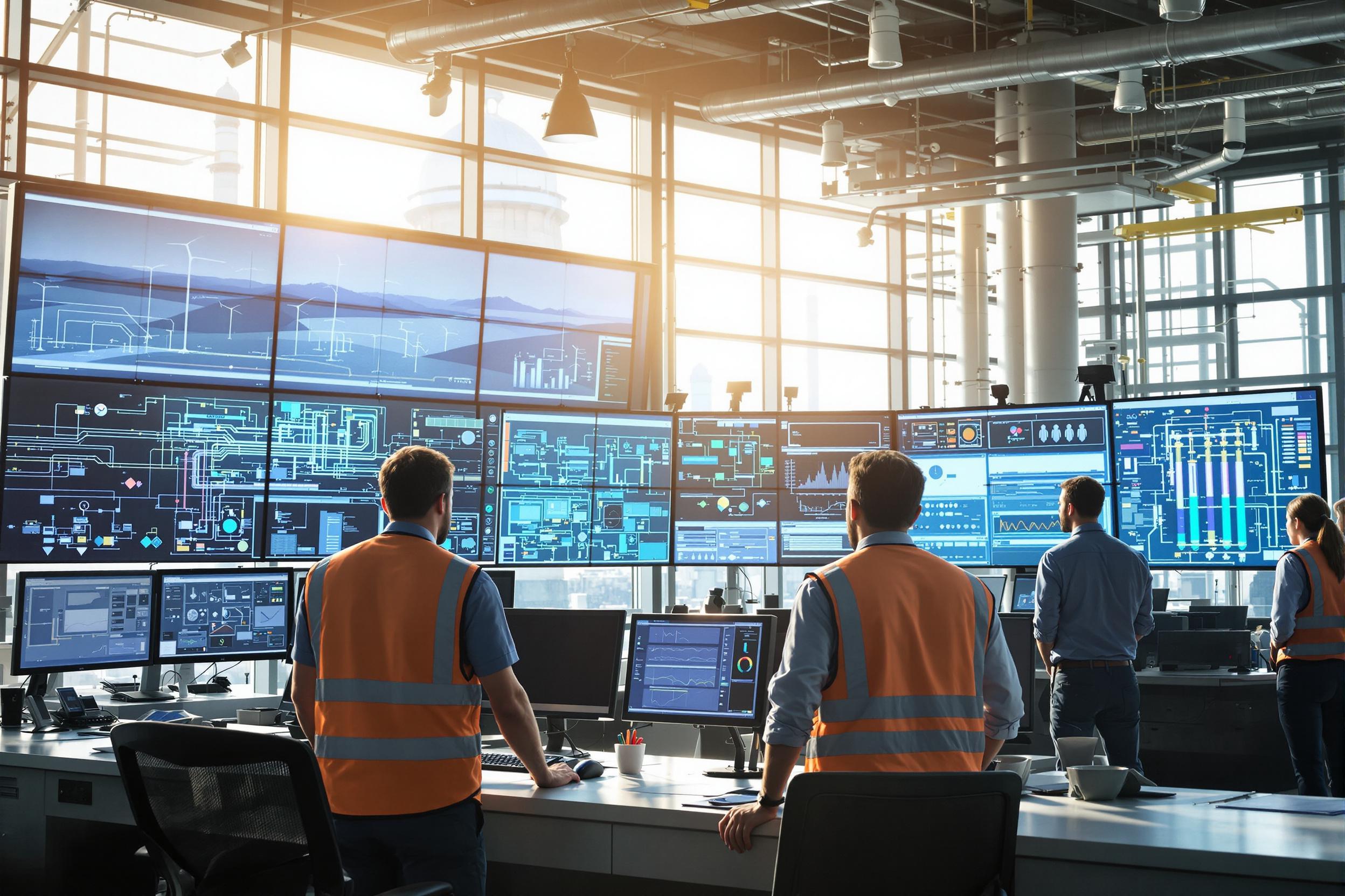 Moderne Energieanlage: Ingenieure arbeiten in einem Kontrollraum mit automatisierten Systemen.
