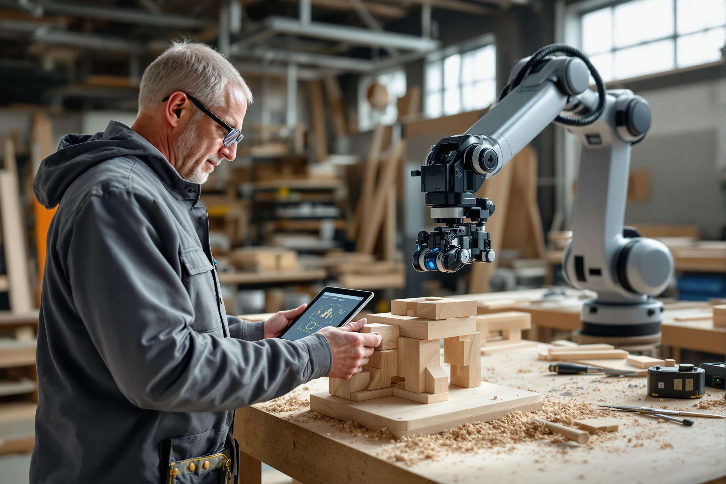 Ein Handwerker nutzt automatisierte Prozesse in seiner Werkstatt, um den Fachkräftemangel zu lösen.