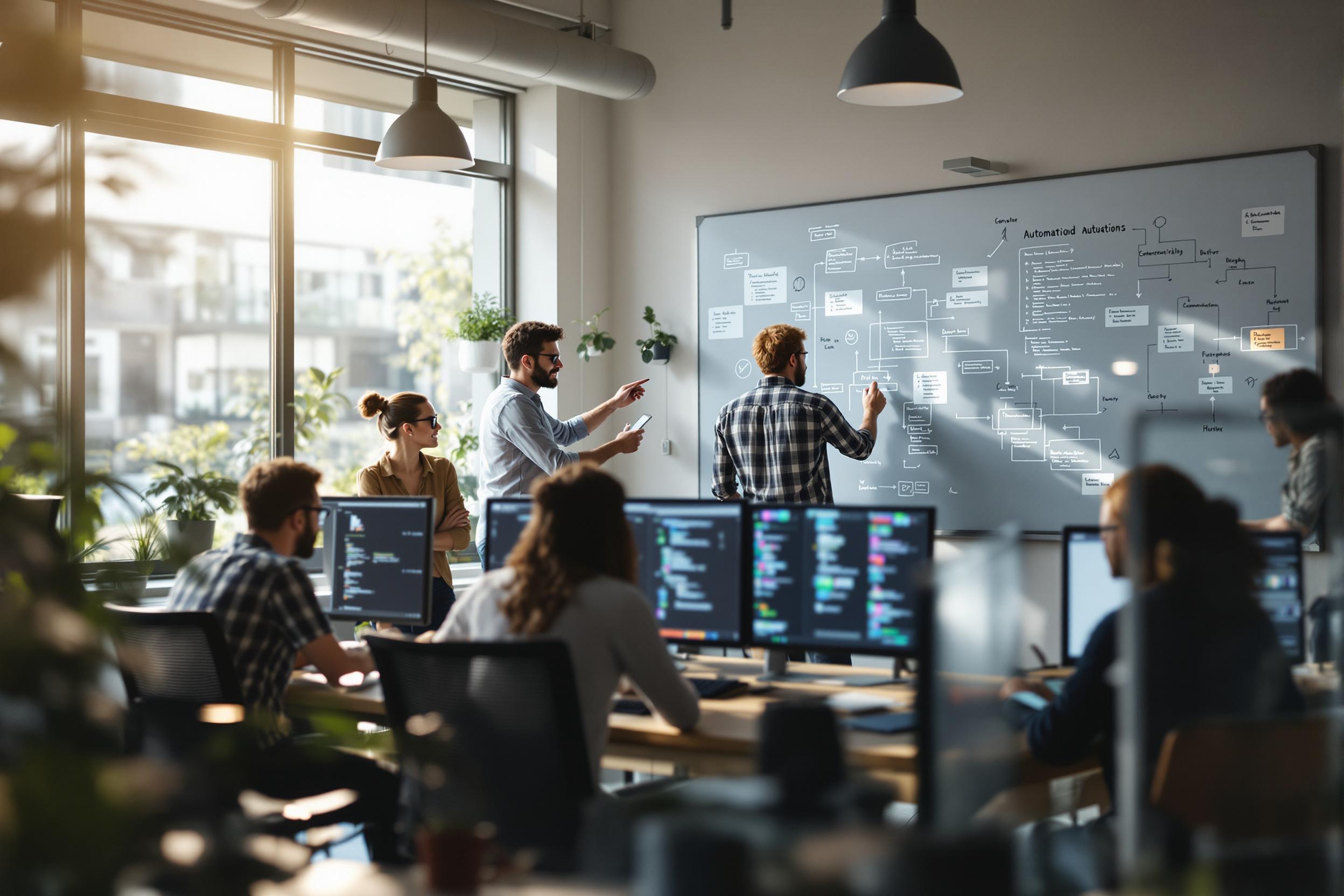 Softwareentwickler-Team arbeitet effizient dank Automatisierung in einem hellen, modernen Büro.