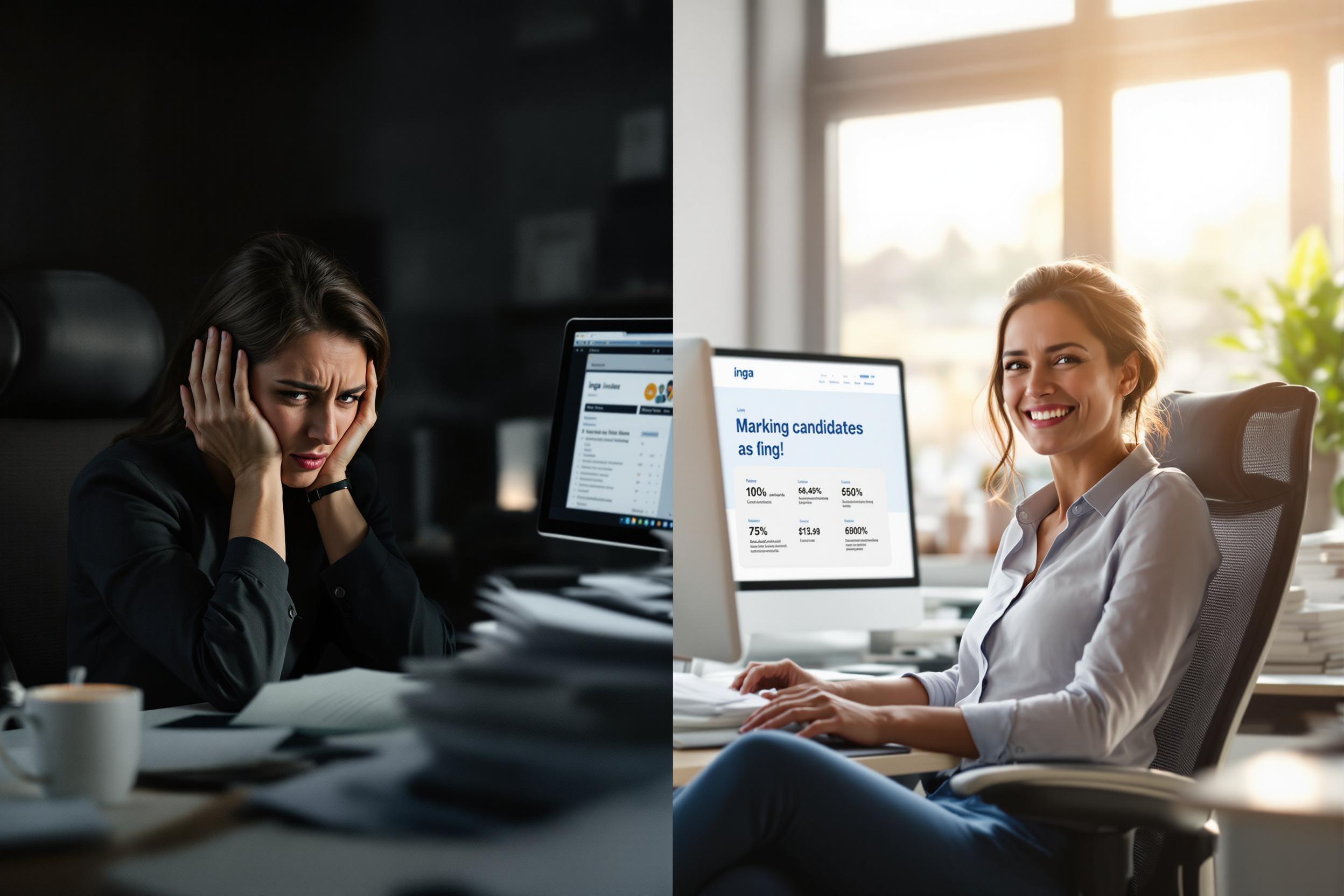 HR-Managerin frustriert über erfolglose Personalsuche, dann erleichtert durch inga's Recruiting-Lösung