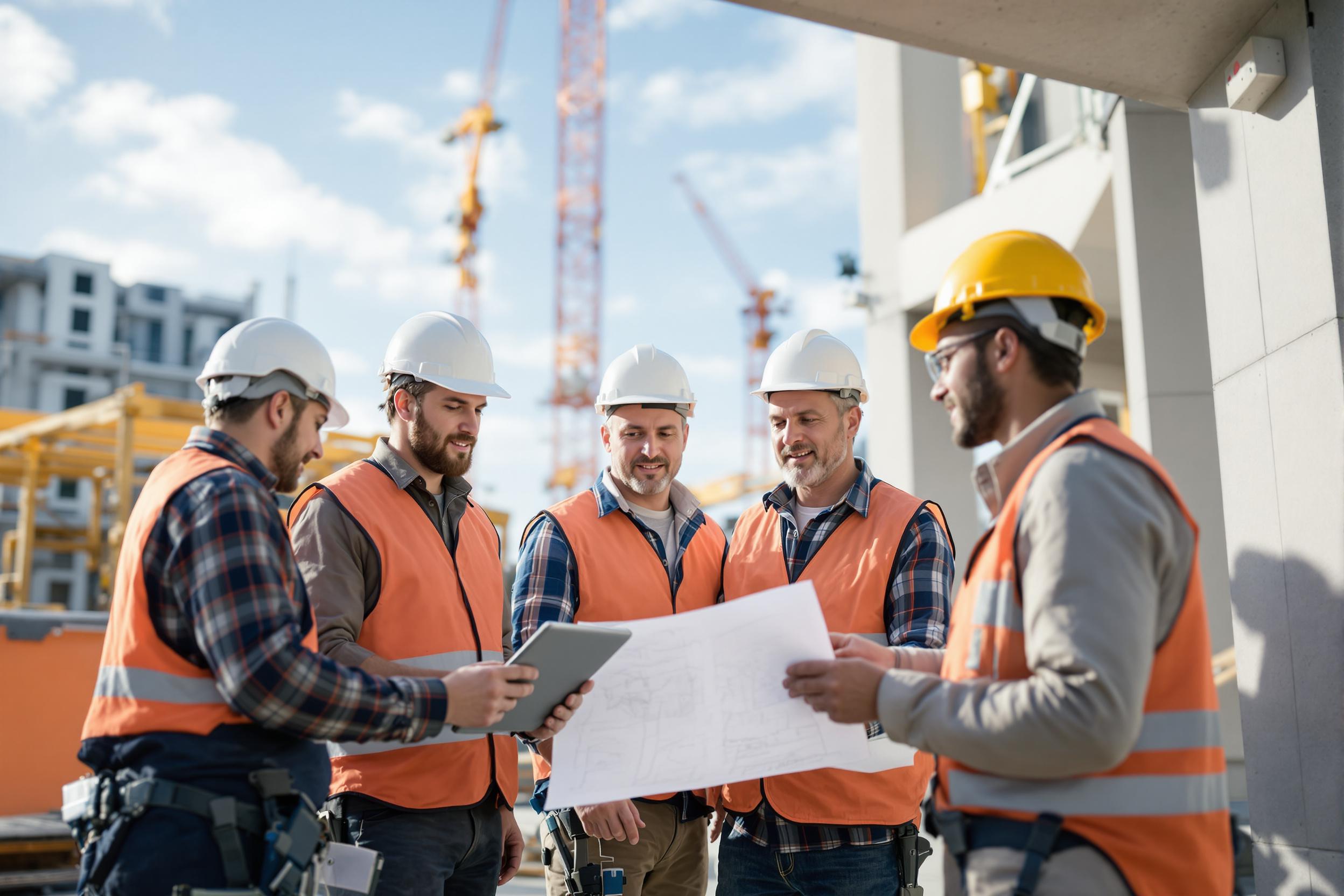 Bauarbeiter auf einer Baustelle arbeiten zusammen, um ein Projekt zu sichern.