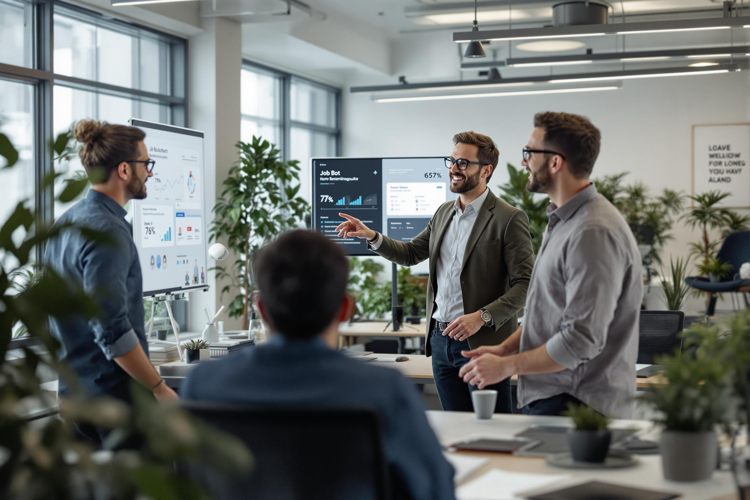 Social Media Recruiting: Job-Bots erreichen 76 % Besetzungsquote – Teamwork im modernen Büro.