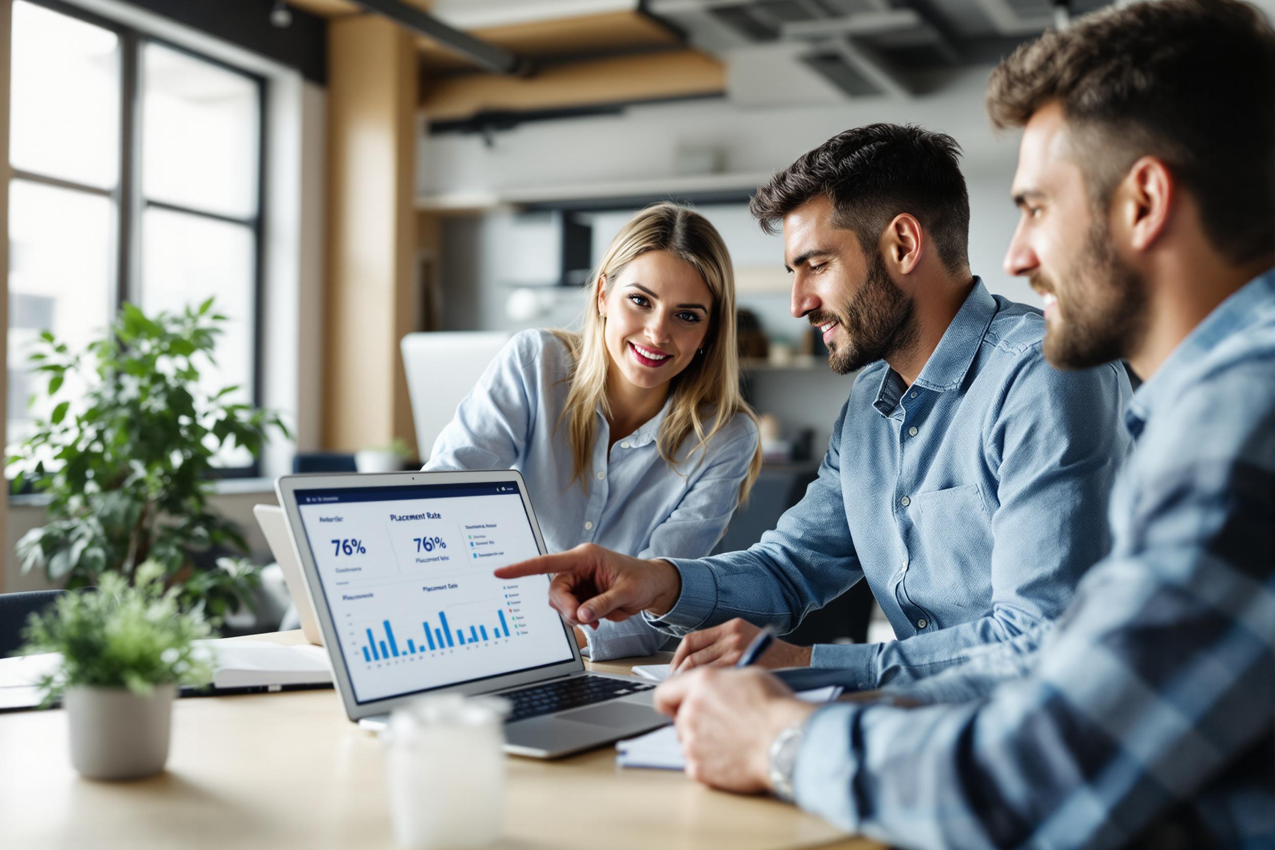 Zwei HR-Experten arbeiten gemeinsam an einem Laptop, der eine Besetzungsquote von 76 % anzeigt.