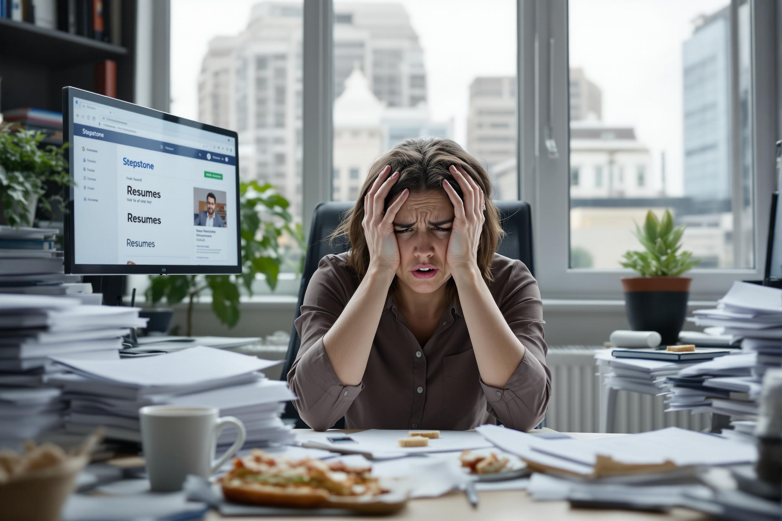 Eine überforderte HR-Managerin sitzt an ihrem Schreibtisch, umgeben von Stellenanzeigen und Lebensläufen.