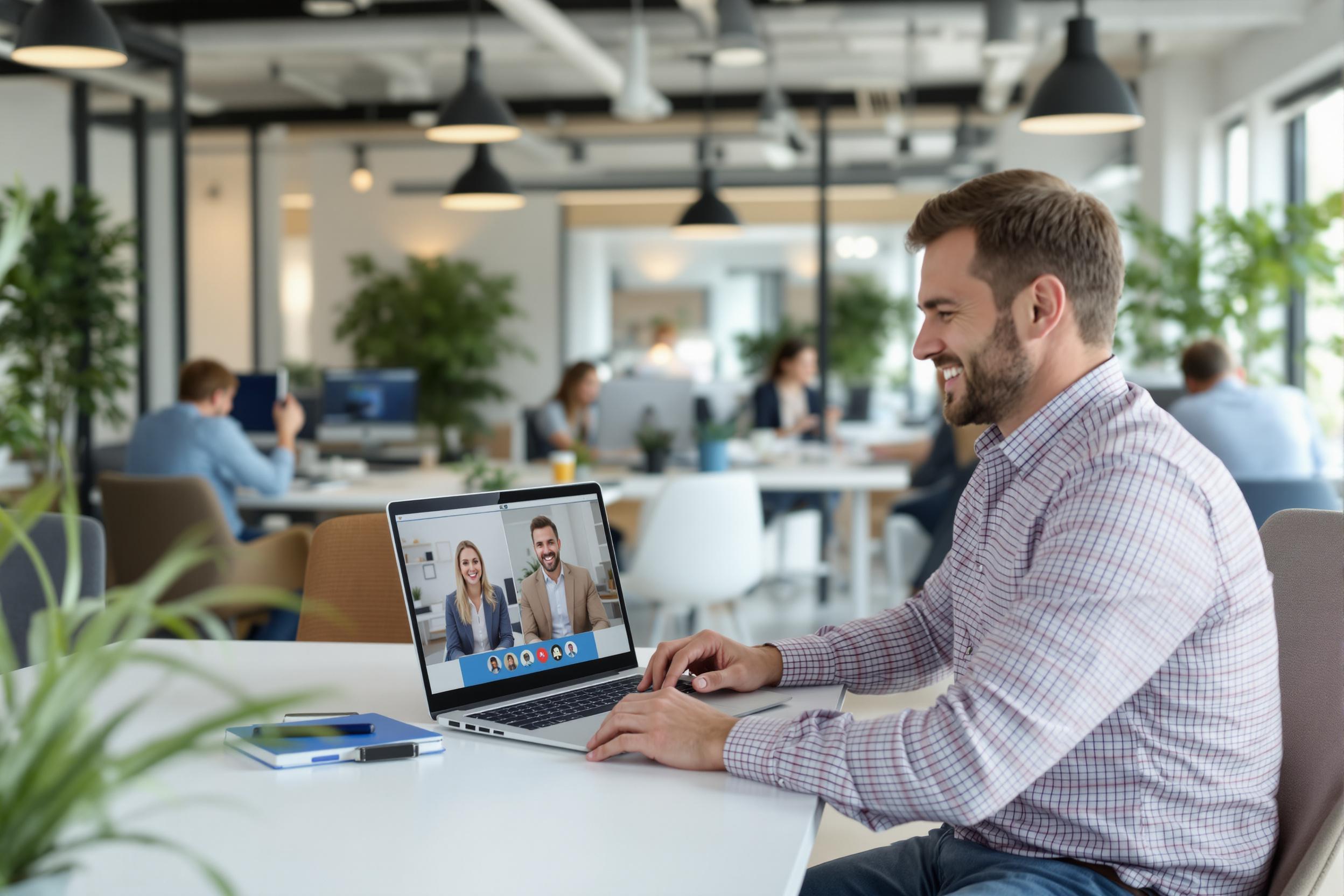 Personalvermittler im Videogespräch mit Kandidat, partnerschaftliche Zusammenarbeit im modernen Büro.