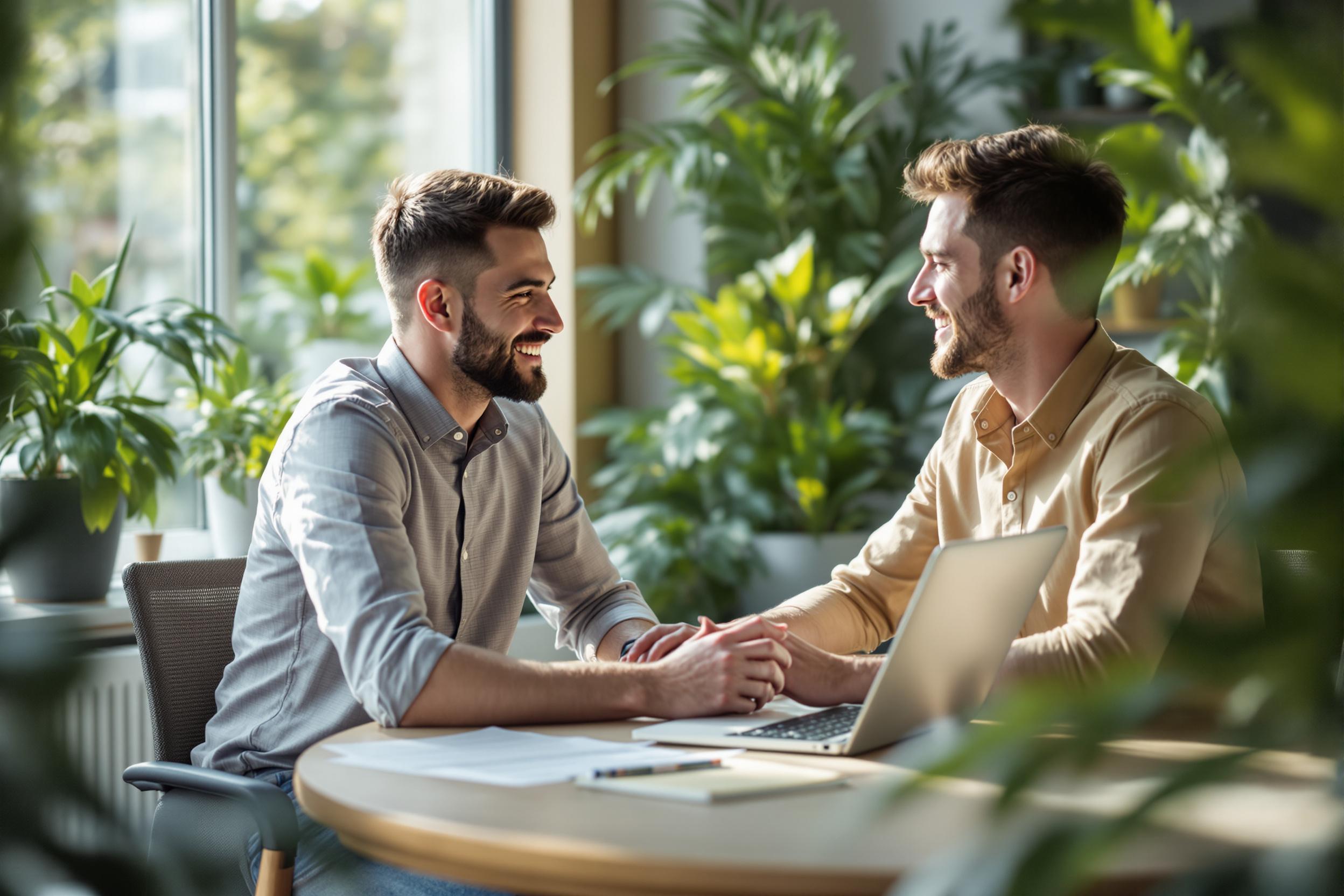 Ein Recruiter führt ein positives Bewerbungsgespräch mit einem jungen Auszubildenden.