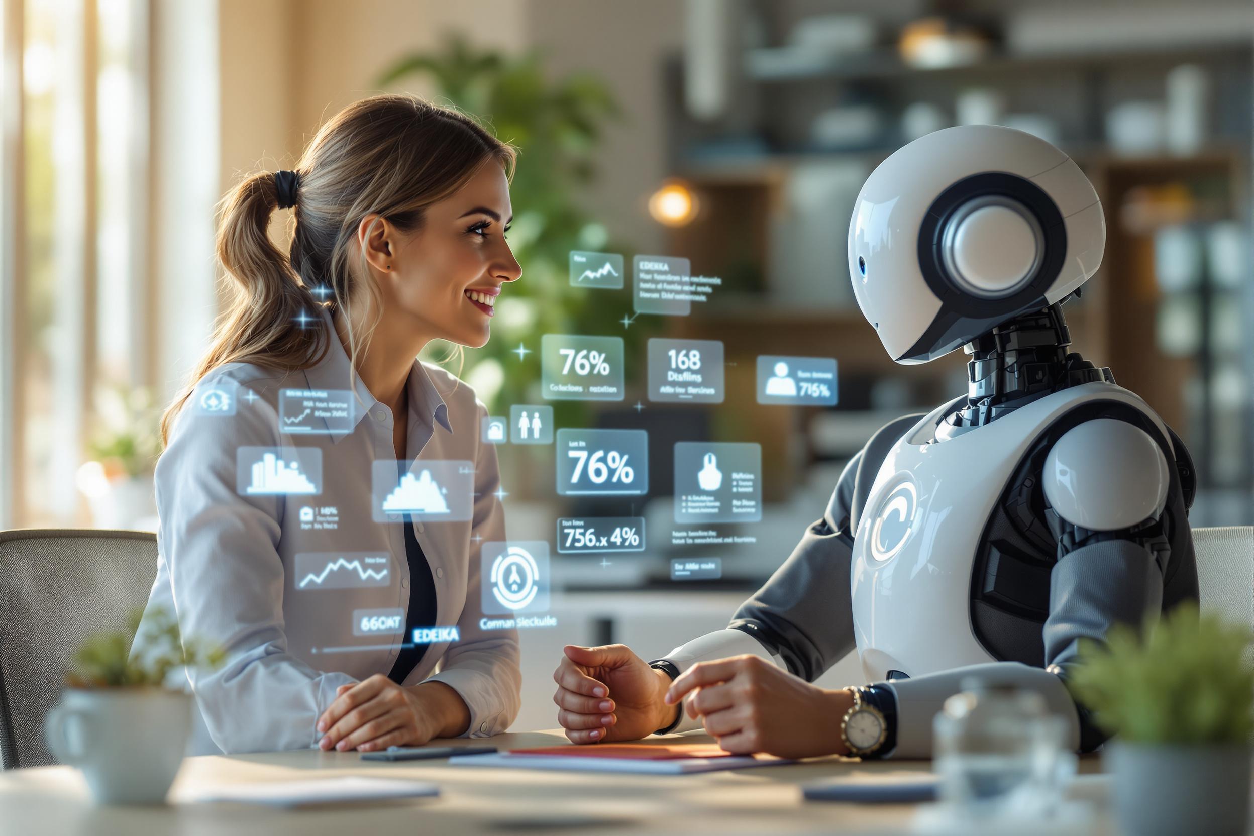 HR-Managerin im Gespräch mit einem Job-Bot von inga, der die Steigerung der Einstellungsquote um 76% erklärt.
