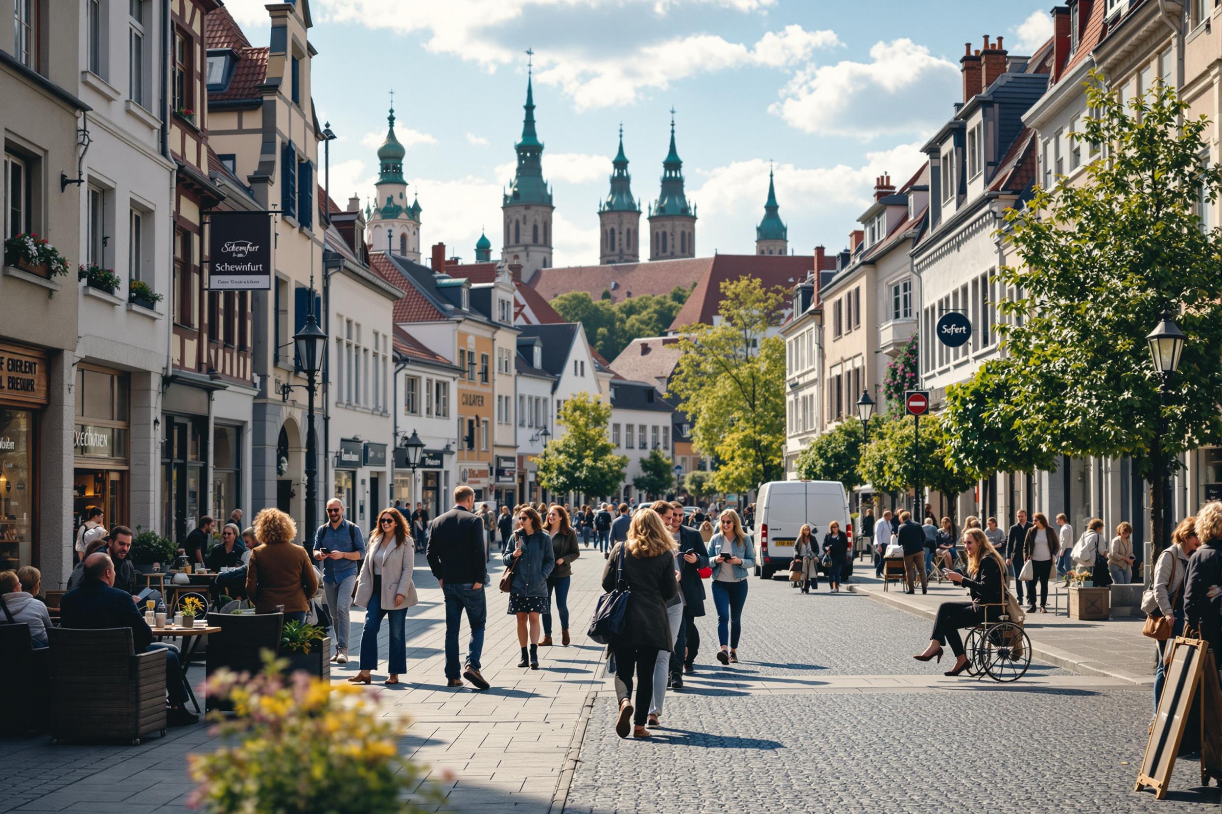 Belebte Szene in der Innenstadt von Schweinfurt, die den Gemeinschaftssinn und die moderne Arbeitswelt widerspiegelt.