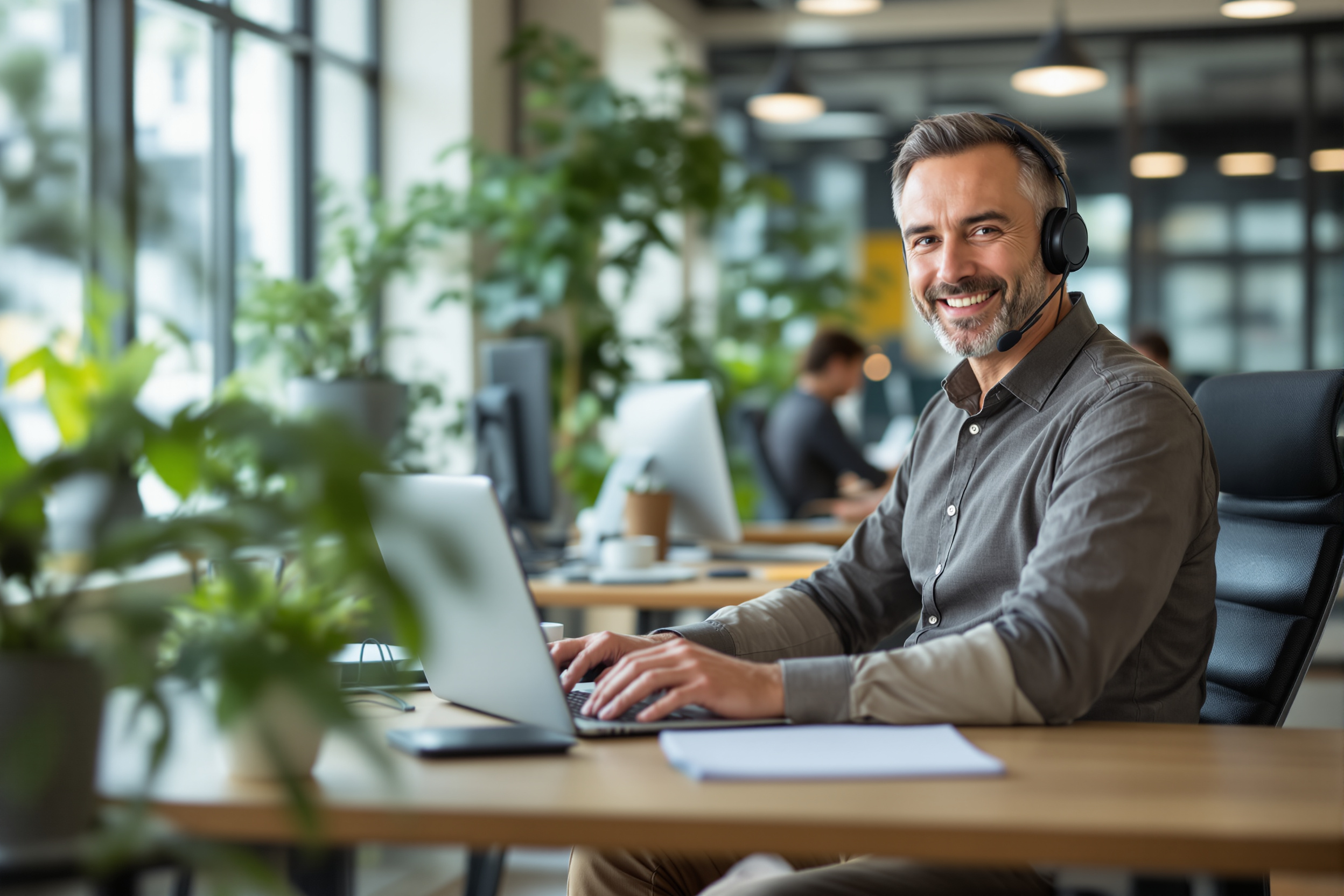 Personalberater im modernen Büro, der durch Automatisierung effizient Stellenangebote bearbeitet.